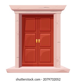 Wooden door with window, stone door frame in cartoon style isolated on white background. Closed modern entrance. Element for decoration.