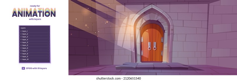 Wooden doors in medieval castle, dungeon or fortress. Cartoon illustration of ancient interior with stone walls and arch with closed gate. Vector parallax background ready for 2d animation