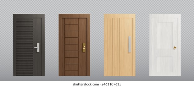 Wooden doors set isolated on transparent background. Vector realistic illustration of modern doorway with black, brown, white wood texture, golden and silver metal doorknob, interior design element