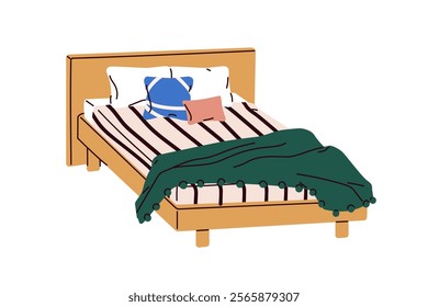 Wooden double bed with pillows, cushions and blanket. Comfortable wood furniture for sleeping, for home bedroom with sheet on mattress, duvet. Flat vector illustration isolated on white background