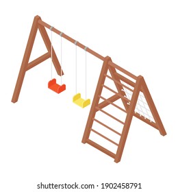 Wooden double swing isolated on white background isometric view. Children kids playground. Vector