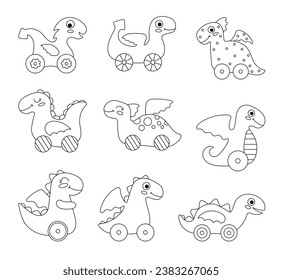 Wooden dragon toy. Cartoon character. Coloring Page. Cute toys and gifts for kids. Hand drawn style. Vector drawing. Collection of design elements.