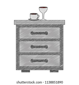 wooden drawer with cup of coffee and cup wine icon