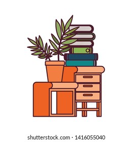 wooden drawer with stack of books in white background