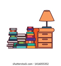 wooden drawer with stack of books in white background