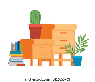 wooden drawer with stack of books in white background