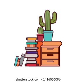 wooden drawer with stack of books in white background