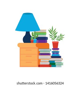 wooden drawer with stack of books in white background