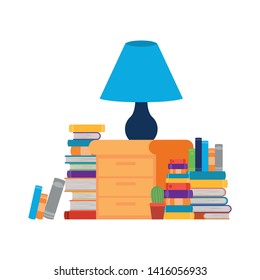 wooden drawer with stack of books in white background