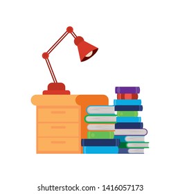 wooden drawer with stack of books in white background
