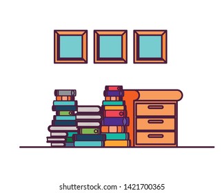 wooden drawer with stack of books in white background