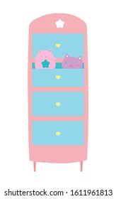 wooden drawers with toys cats on white background vector illustration