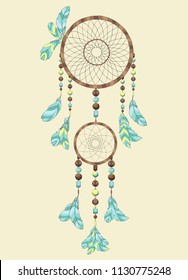 Wooden dreamcatcher with feathers,  beads, boho, mandala, pastel color,