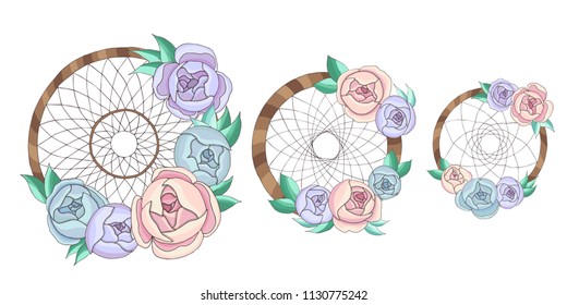 Wooden dreamcatcher with flowers, boho, mandala, pastel color,