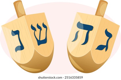 Wooden Dreidels with Blue Symbols. Hanukkah Game Spinning Tops Vector Art 