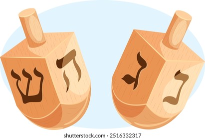 Dreiecke aus Holz mit hebräischen Symbolen. Hanukkah festliches Spiel Spinning Tops 