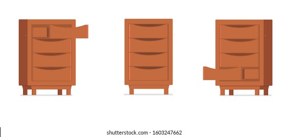 Wooden dresser or wardrobe design, open and closet drawer in flat cartoon style