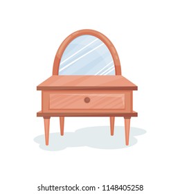 Wooden dressing table with mirror, interior design element vector Illustration on a white background