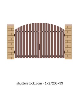 Wooden Driveway Gates. Wood door. Arch brick door. railing vector. Wall fence. House gate vector.