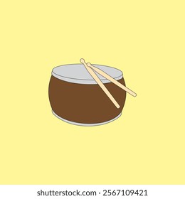 Wooden drum and drum sticks vector illustration on yellow background