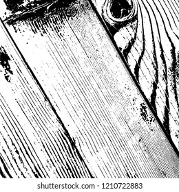 Wooden dry planks diagonal distressed overlay texture with knot. Weathered rural grainy timber backdrop. Aged dried board creative element. Grunge old wood black cover template. EPS10 vector.
