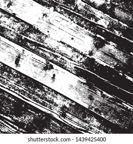 Wooden dry planks diagonal distressed overlay texture with knot. Grunge old wood black cover template. Weathered rural grainy timber backdrop. Aged dried board creative element. EPS10 vector.