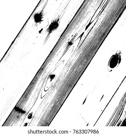 Wooden dry planks diagonal distressed overlay texture with knot. Grunge old wood black cover template. Weathered rural grainy timber backdrop. Aged dried board creative element. EPS10 vector.