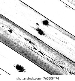 Wooden dry planks diagonal distressed overlay texture with knot. Grunge old wood black cover template. Weathered rural grainy timber backdrop. Aged dried board creative element. EPS10 vector.