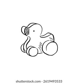 A wooden duck toy for children, hand drawn in black and white. 