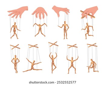 Wooden dummy figure. Marionette puppets controlled by strings and hand manipulation. Puppet theater human model poses. Control, leadership and influence concept illustrations vector set.