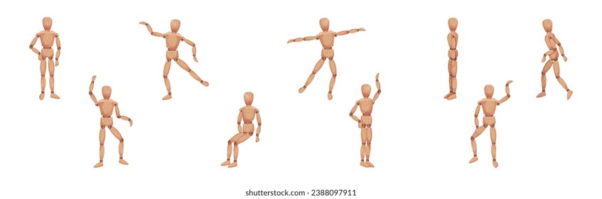 Wooden Dummy Toy and Man Statue Model with Joints Vector Set