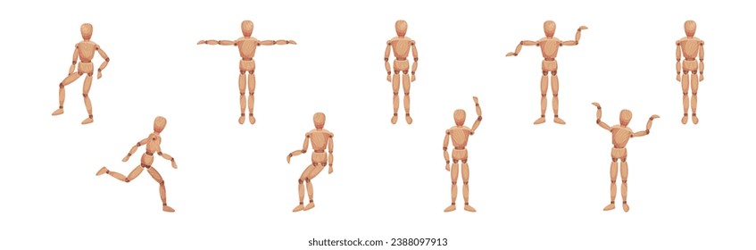 Wooden Dummy Toy and Man Statue Model with Joints Vector Set