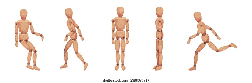 Wooden Dummy Toy and Man Statue Model with Joints Vector Set