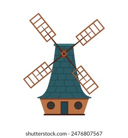 Molino de viento holandés de madera con techo de piedra azul y ventanas redondas aisladas sobre fondo blanco. Agricultura tradicional. Granja holandesa para la producción de harina. La arquitectura del pueblo. Ilustración vectorial.