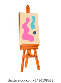 Wooden easel with abstract drawing on paper. Art supplies. Hand drawn vector illustration isolated on white background in flat style.