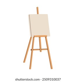 Wooden easel with blank canvas. Art supply for painting and drawing. Clean empty paper on wood tripod stand, traditional artists equipment, tool. Flat vector illustration isolated on white background