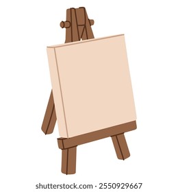 Wooden easel with blank canvas. Art supply for painting and drawing. Clean empty paper on wood tripod stand, traditional artists equipment, tool. Flat vector illustration isolated on white background