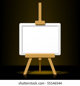 Wooden easel with blank canvas on a dark background. Vector.