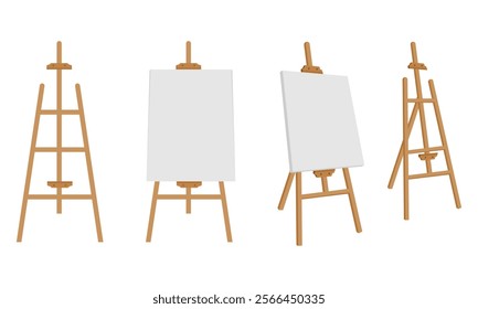 wooden easel with blank canvas for painting, vector illustration isolated on white background.