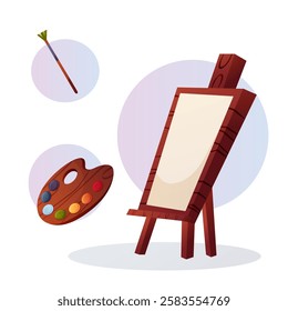 A wooden easel with a blank canvas, a palette with colorful paints, and a paintbrush for painting. Vector illustration on the art theme.  
