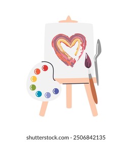 Wooden easel with canvas for art school classes. Artists equipment and tools for workshop. Painted heart shape with brush and spatula of oil or watercolor paints. Hand drawn flat vector illustration