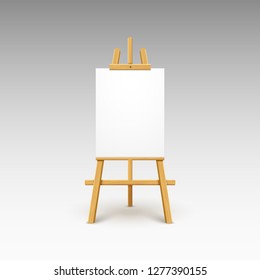 Wooden easel canvas board isolated stand. Blank empty vector easel poster billboard.
