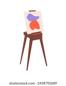 Wooden easel with contemporary artwork stands in art class. Colored painting picture on vertical canvas for exhibition. Artistic drawing tool. Flat isolated vector illustration on white background