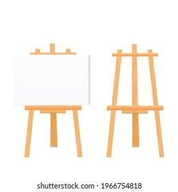 Wooden easel empty blank paper mock up in cartoon style isolated on vector white illustration. Artist equipment, advertising board, set.