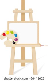 Wooden easel with a empty canvas, palette and brush