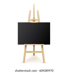 Wooden easel with mock up empty blank black canvas isolated on white background. Vector illustration EPS 10.