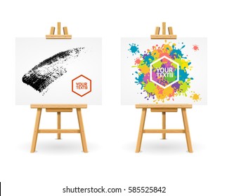 Wooden Easel or Painter Desk Set with for Drop Blot and Abstract Black Background Web Design. Vector illustration