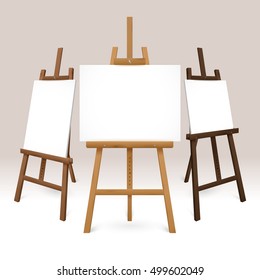 Wooden easel set with blank white canvases represented from different sides isolated vector illustration