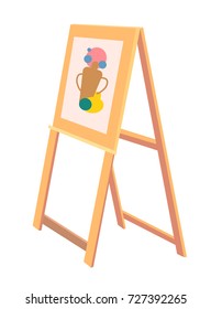 Wooden easel with sketch of vase painted by watercolor paints vector illustration isolated on white background in flat style