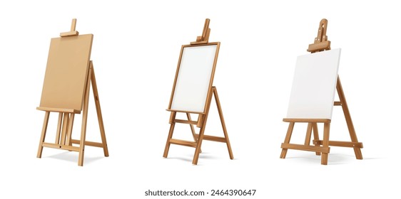 Wooden easel stand with an art board vector mockup. 3D painter's canvas tripod for displaying artist's drawings in a gallery exhibition. Wooden Easel Stand with Art Board - Realistic Vector Mockup.